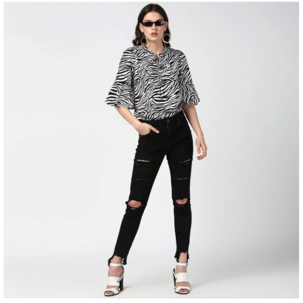 Women's Polyester Animal Print Bell Sleeve Top (Black - White) - M