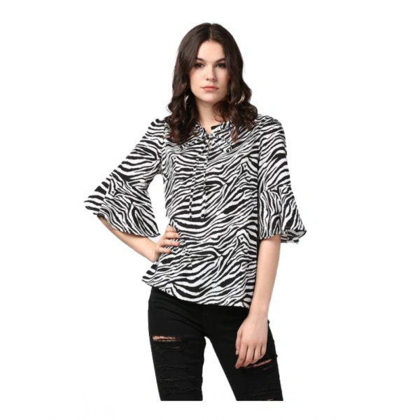 Women's Polyester Animal Print Bell Sleeve Top (Black - White) - M