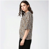 Women's Polyester Animal Print Bell Sleeve Top (Orange - Black) - S