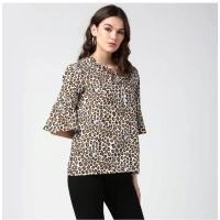 Women's Polyester Animal Print Bell Sleeve Top (Orange - Black) - S