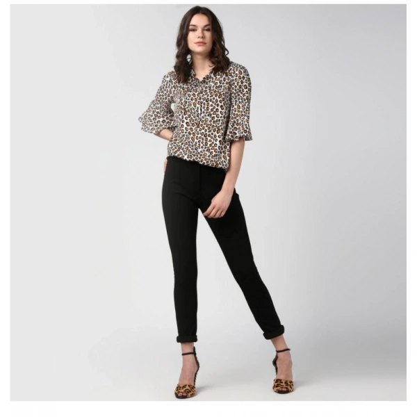 Women's Polyester Animal Print Bell Sleeve Top (Orange - Black) - S