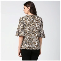 Women's Polyester Animal Print Bell Sleeve Top (Orange - Black) - S