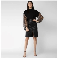 Women's Polyester Animal Print Long Sleeves Top (Black) - S
