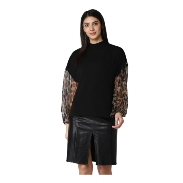 Women's Polyester Animal Print Long Sleeves Top (Black) - L
