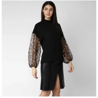 Women's Polyester Animal Print Long Sleeves Top (Black) - L