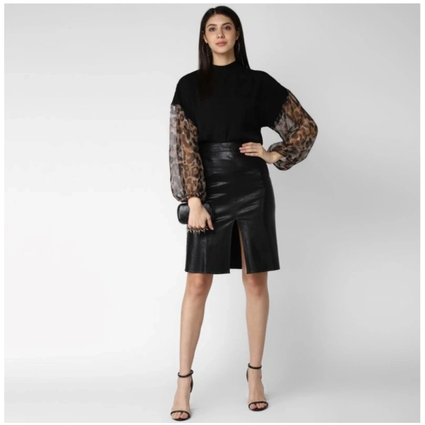Women's Polyester Animal Print Long Sleeves Top (Black) - L