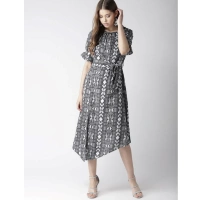 Women's Polyester Animal Print Short Sleeve Knee-Length Dress (Black - White) - XL