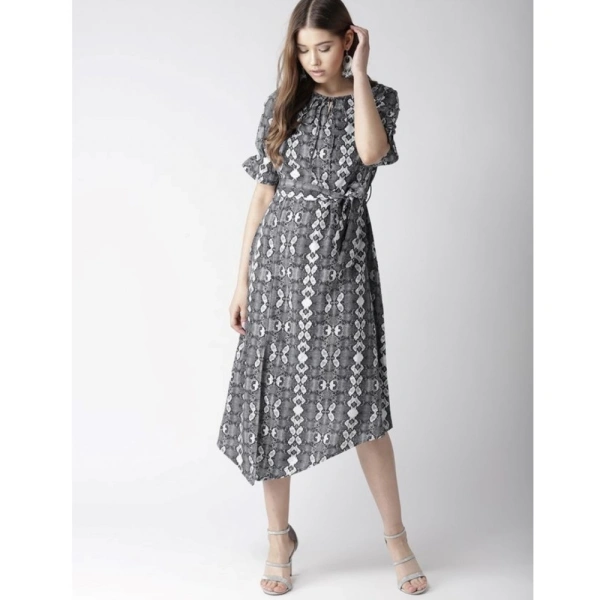 Women's Polyester Animal Print Short Sleeve Knee-Length Dress (Black - White) - XL