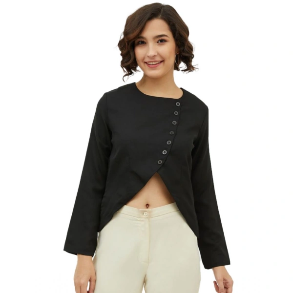 Women's Polyester Asymmetrical Long Sleeves Top (Black) - XL