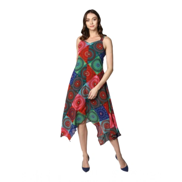 Women's Polyester Asymmetrical Shoulder Straps Knee-Length Dress (Multicolor) - M