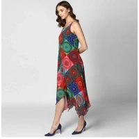 Women's Polyester Asymmetrical Shoulder Straps Knee-Length Dress (Multicolor) - M
