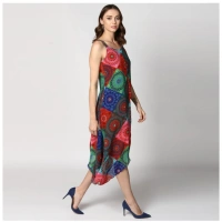 Women's Polyester Asymmetrical Shoulder Straps Knee-Length Dress (Multicolor) - M
