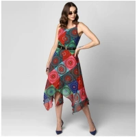Women's Polyester Asymmetrical Shoulder Straps Knee-Length Dress (Multicolor) - M