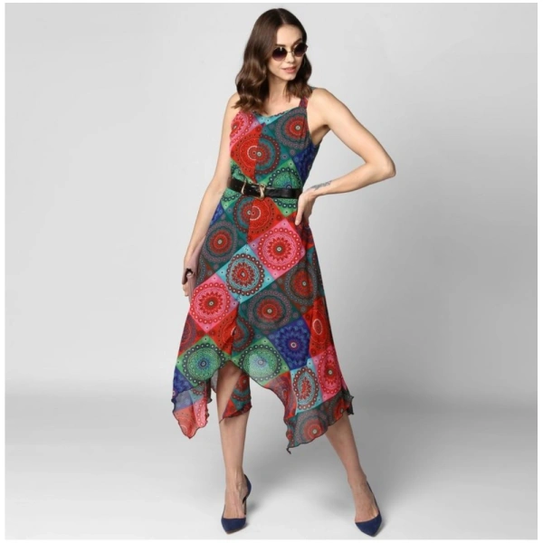 Women's Polyester Asymmetrical Shoulder Straps Knee-Length Dress (Multicolor) - M