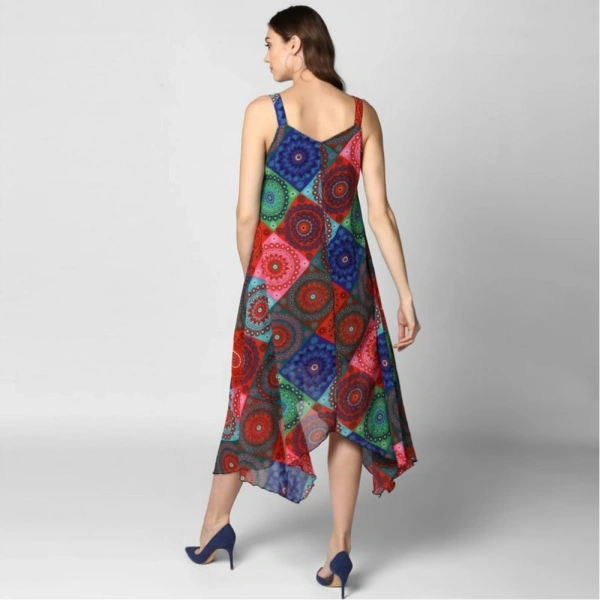 Women's Polyester Asymmetrical Shoulder Straps Knee-Length Dress (Multicolor) - M