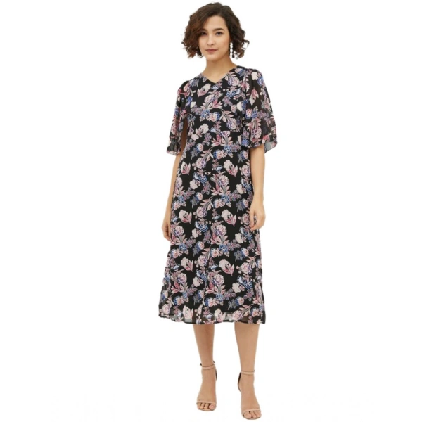 Women's Polyester Chain Print Cap Sleeve Calf-length Dress (Multicolor) - L