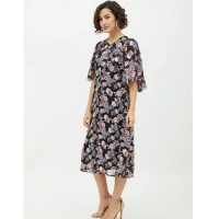Women's Polyester Chain Print Cap Sleeve Calf-length Dress (Multicolor) - L