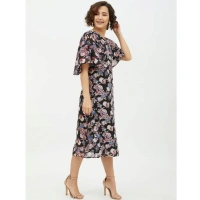 Women's Polyester Chain Print Cap Sleeve Calf-length Dress (Multicolor) - L
