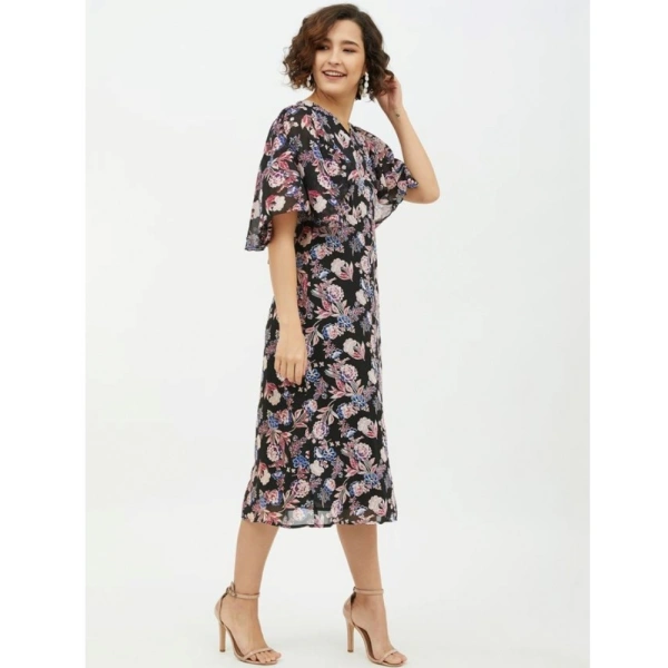 Women's Polyester Chain Print Cap Sleeve Calf-length Dress (Multicolor) - L
