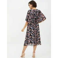 Women's Polyester Chain Print Cap Sleeve Calf-length Dress (Multicolor) - L