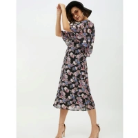 Women's Polyester Chain Print Cap Sleeve Calf-length Dress (Multicolor) - L