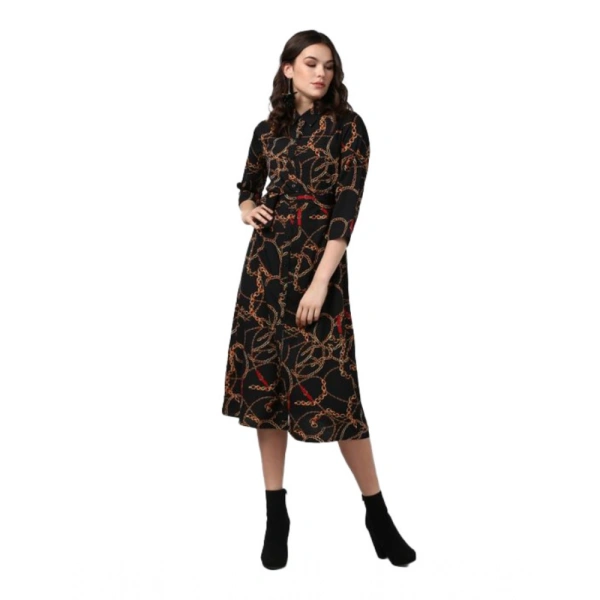 Women's Polyester Chain Print Roll Up Sleeve Below Knee Dress (Black - Yellow) - S