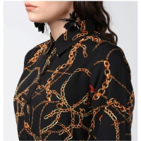 Women's Polyester Chain Print Roll Up Sleeve Below Knee Dress (Black - Yellow) - S