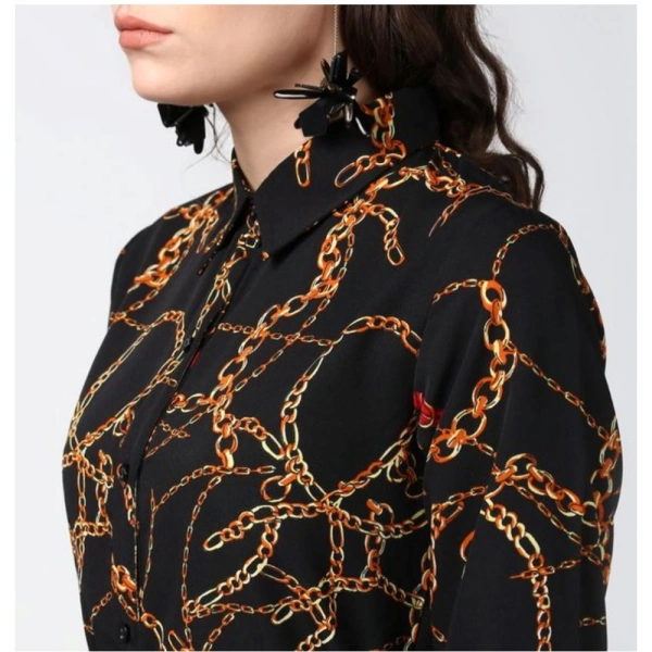 Women's Polyester Chain Print Roll Up Sleeve Below Knee Dress (Black - Yellow) - S