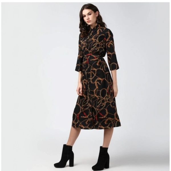 Women's Polyester Chain Print Roll Up Sleeve Below Knee Dress (Black - Yellow) - S