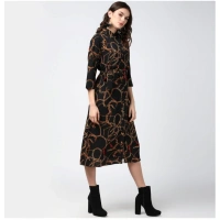 Women's Polyester Chain Print Roll Up Sleeve Below Knee Dress (Black - Yellow) - S