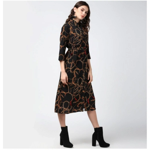 Women's Polyester Chain Print Roll Up Sleeve Below Knee Dress (Black - Yellow) - S