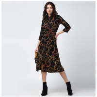 Women's Polyester Chain Print Roll Up Sleeve Below Knee Dress (Black - Yellow) - S