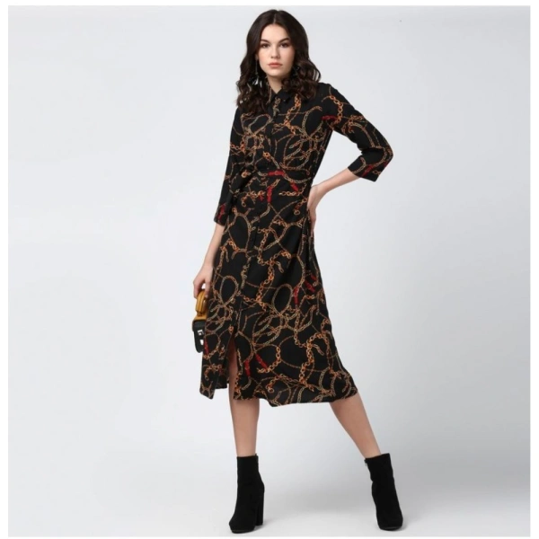 Women's Polyester Chain Print Roll Up Sleeve Below Knee Dress (Black - Yellow) - S