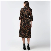 Women's Polyester Chain Print Roll Up Sleeve Below Knee Dress (Black - Yellow) - S