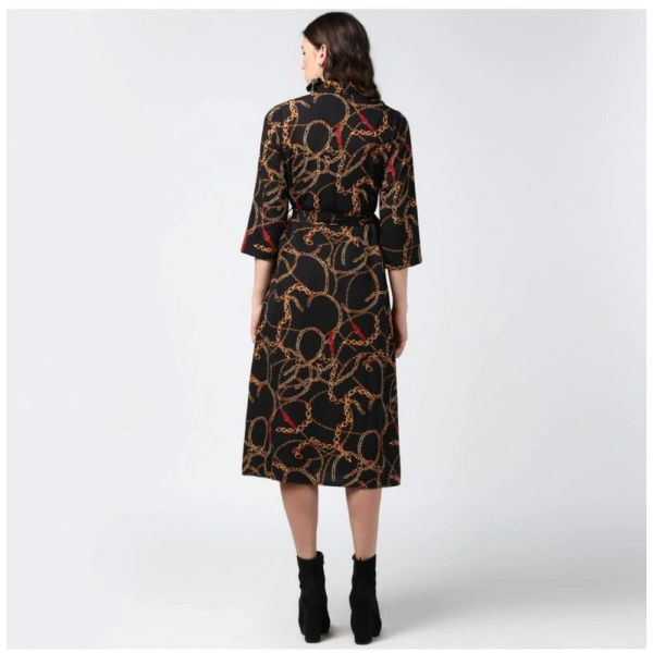 Women's Polyester Chain Print Roll Up Sleeve Below Knee Dress (Black - Yellow) - S