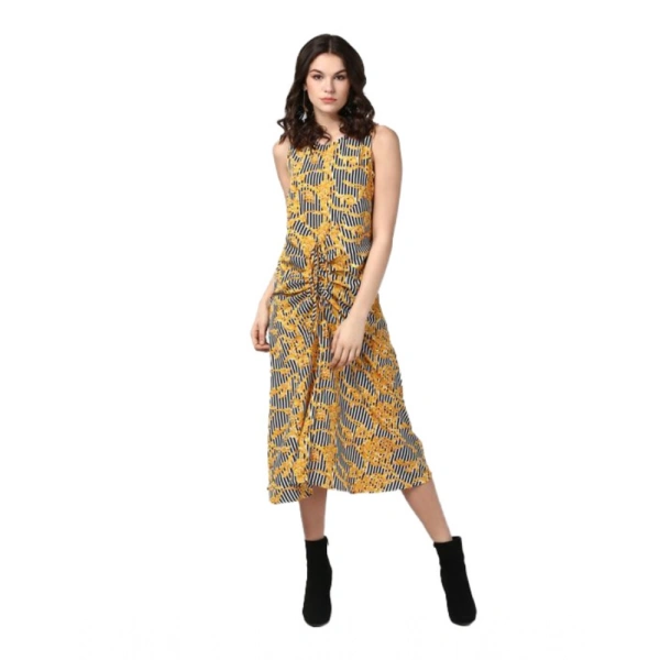 Women's Polyester Chain Print Sleeveless Below Knee Dress (Yellow - Black) - L