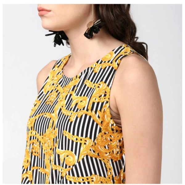 Women's Polyester Chain Print Sleeveless Below Knee Dress (Yellow - Black) - L
