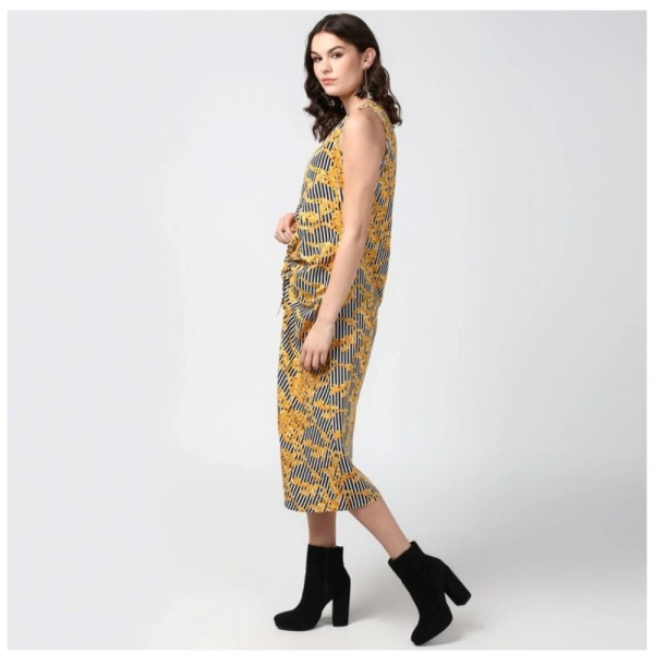 Women's Polyester Chain Print Sleeveless Below Knee Dress (Yellow - Black) - L
