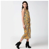 Women's Polyester Chain Print Sleeveless Below Knee Dress (Yellow - Black) - L