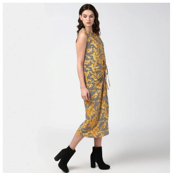 Women's Polyester Chain Print Sleeveless Below Knee Dress (Yellow - Black) - L