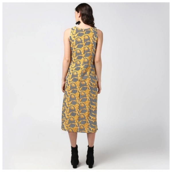 Women's Polyester Chain Print Sleeveless Below Knee Dress (Yellow - Black) - L