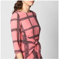 Women's Polyester Checkered 3-4th Sleeves Below Knee Dress (Pink - Black) - L