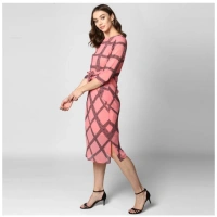 Women's Polyester Checkered 3-4th Sleeves Below Knee Dress (Pink - Black) - L
