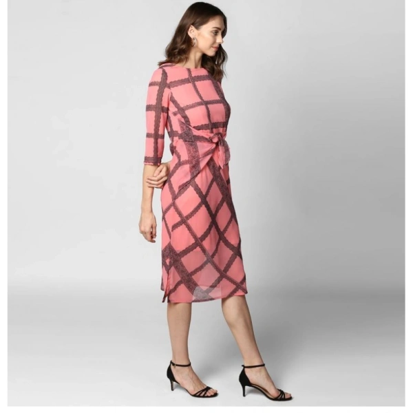 Women's Polyester Checkered 3-4th Sleeves Below Knee Dress (Pink - Black) - L