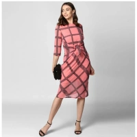 Women's Polyester Checkered 3-4th Sleeves Below Knee Dress (Pink - Black) - L