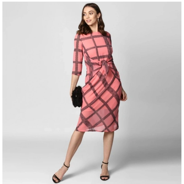 Women's Polyester Checkered 3-4th Sleeves Below Knee Dress (Pink - Black) - L