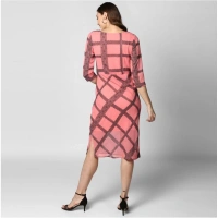 Women's Polyester Checkered 3-4th Sleeves Below Knee Dress (Pink - Black) - L
