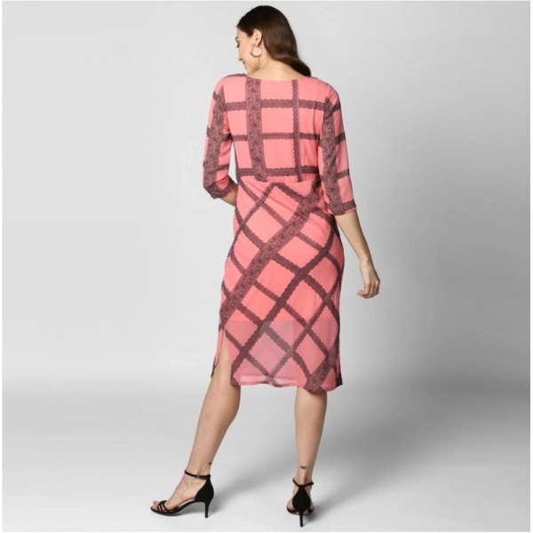 Women's Polyester Checkered 3-4th Sleeves Below Knee Dress (Pink - Black) - L