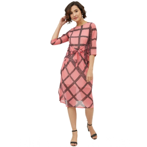 Women's Polyester Checkered 3-4th Sleeves Below Knee Dress (Pink) - M