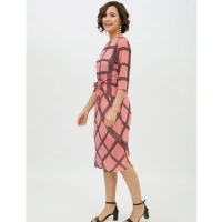Women's Polyester Checkered 3-4th Sleeves Below Knee Dress (Pink) - M